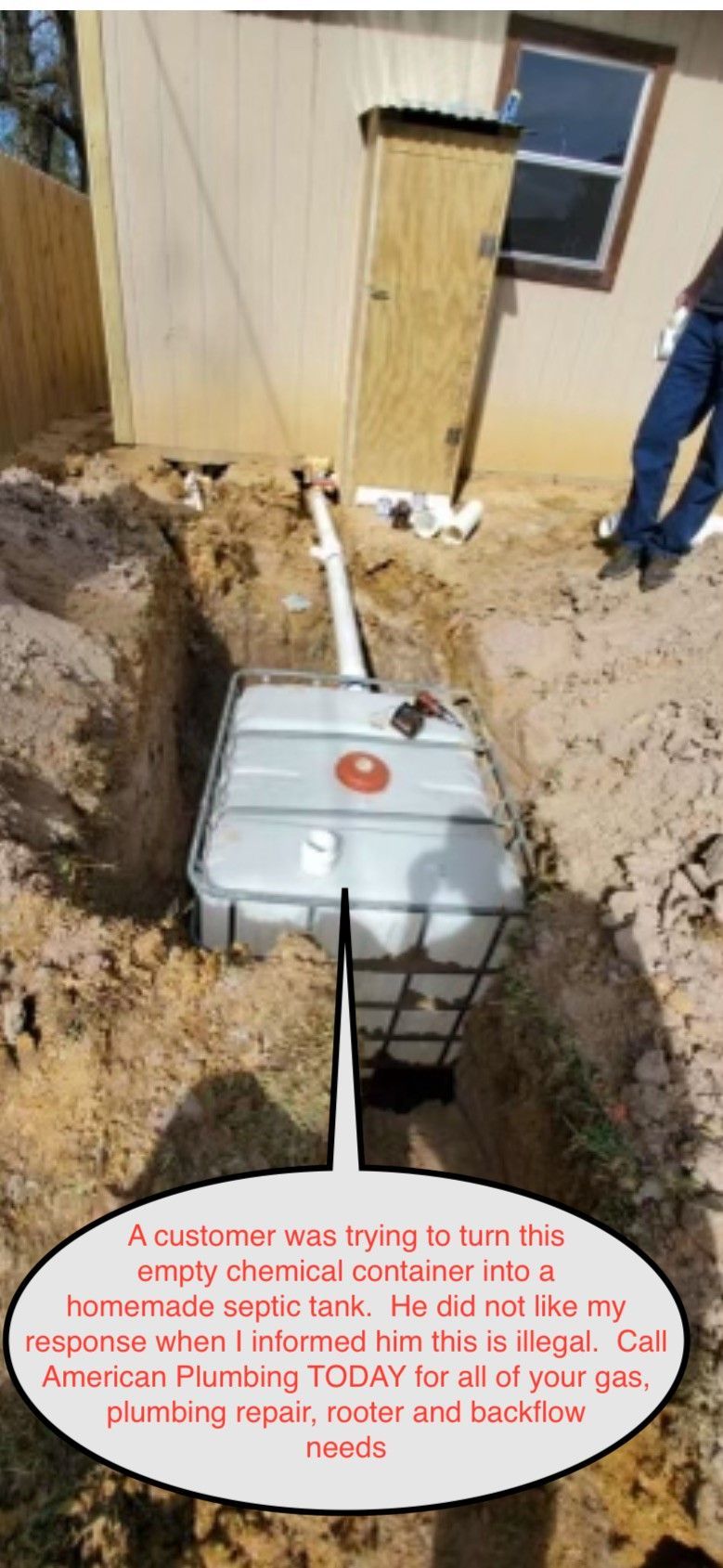 A chemical container used as a homemade septic tank, buried in the ground, with a nearby house and ditch.