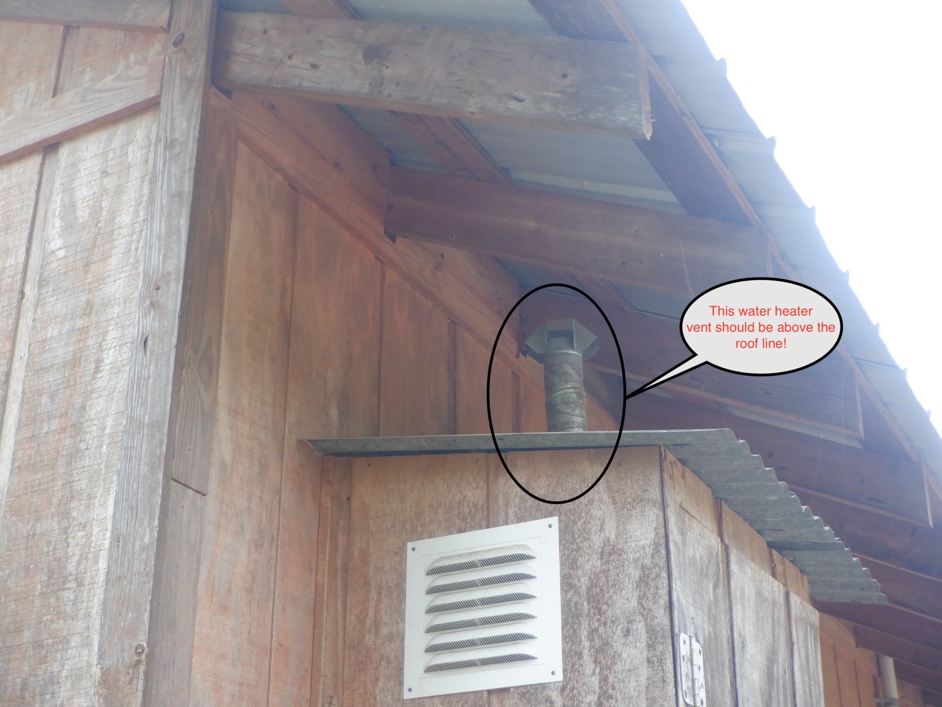 Wooden shed wall with a vent and a circled metal pipe under the roof eaves.