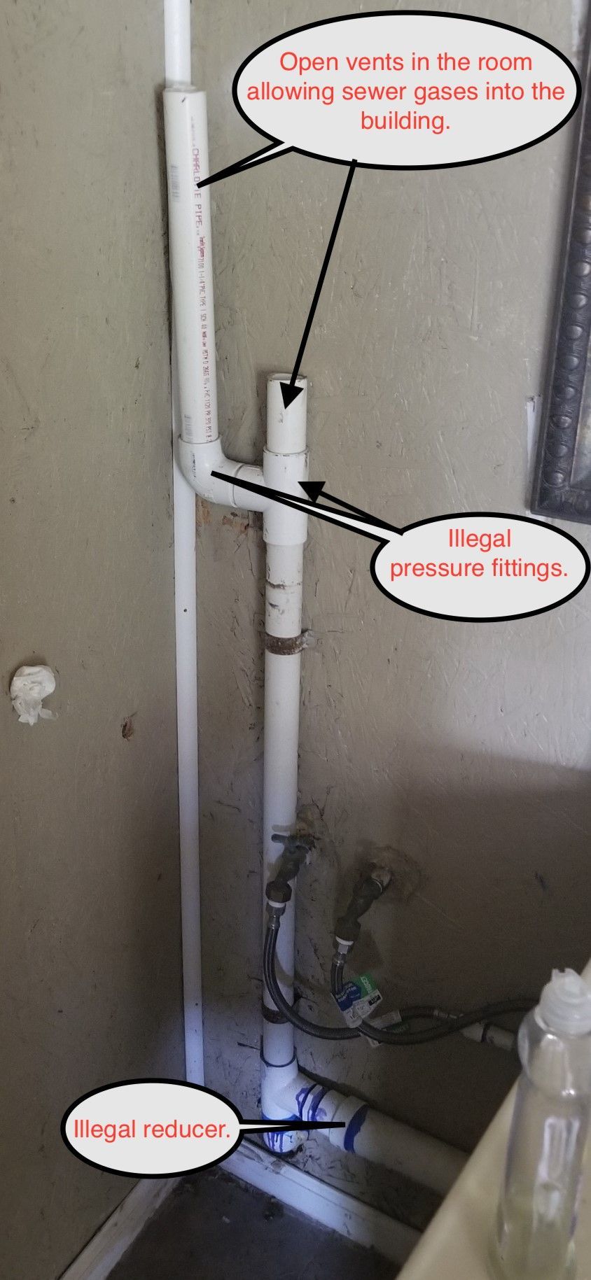 Plumbing pipes with annotations: