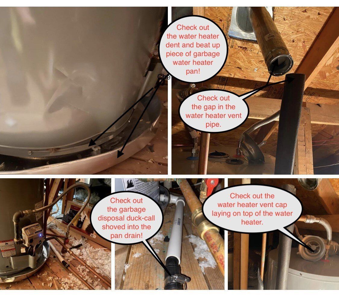 Collage of a water heater and pipes with callout labels highlighting connectors and valve locations