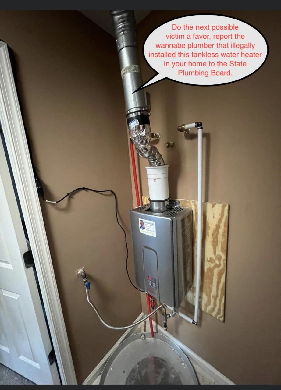 Tankless water heater installed on a wall. Vent pipe and water lines are connected. A speech bubble with text.