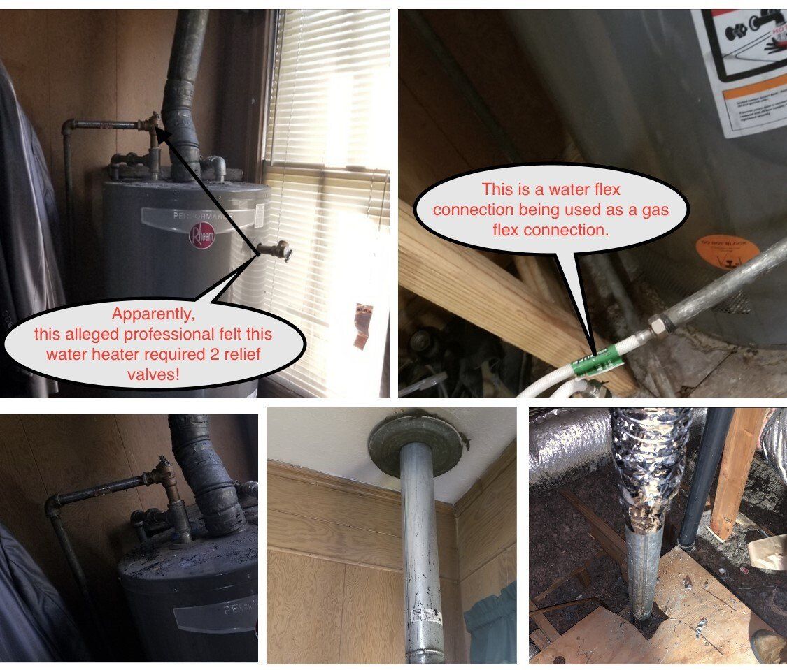 Collage of exposed and corroded pipes under a sink, with close-ups of leaking joints and rust damage
