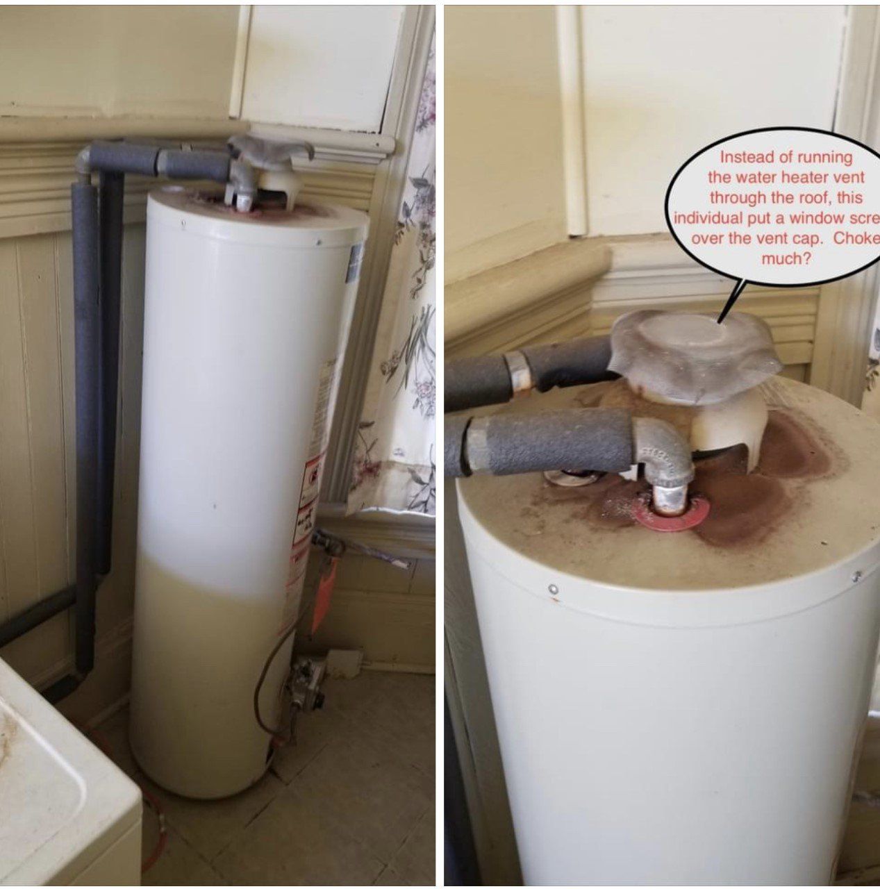 A water heater with the vent pipe improperly routed. Close up showing venting into a window.