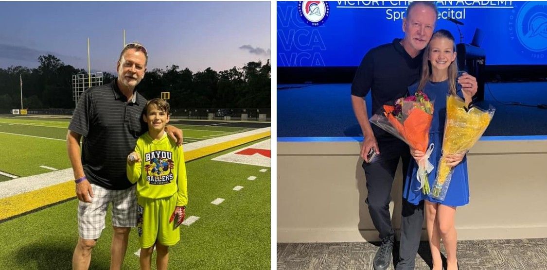 Two photos of a man with a young girl holding flowers, standing outdoors and at an event backdrop.