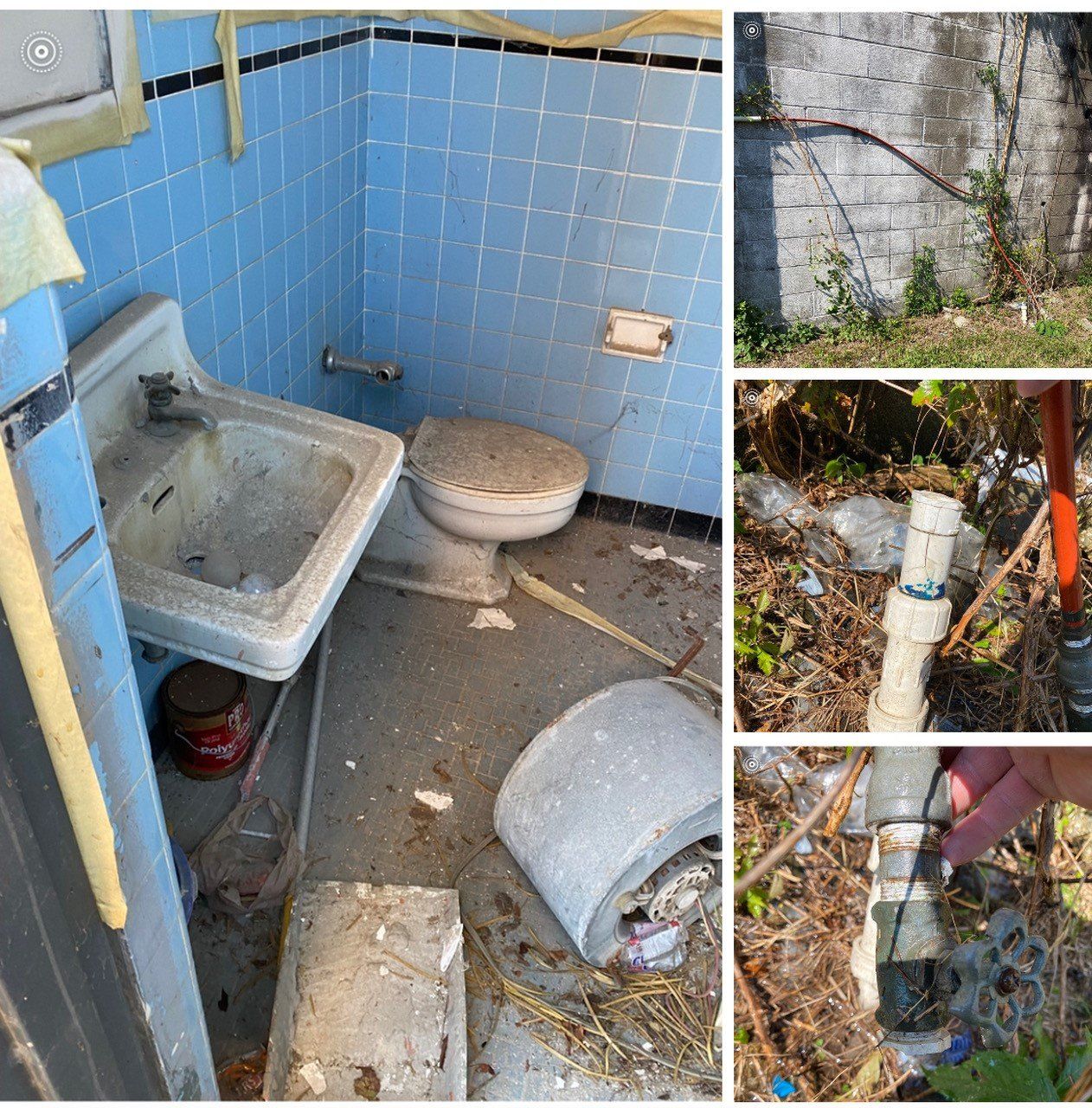 Dilapidated outdoor bathroom with broken sink and toilet; inset photos show damaged pipes and utility line connections