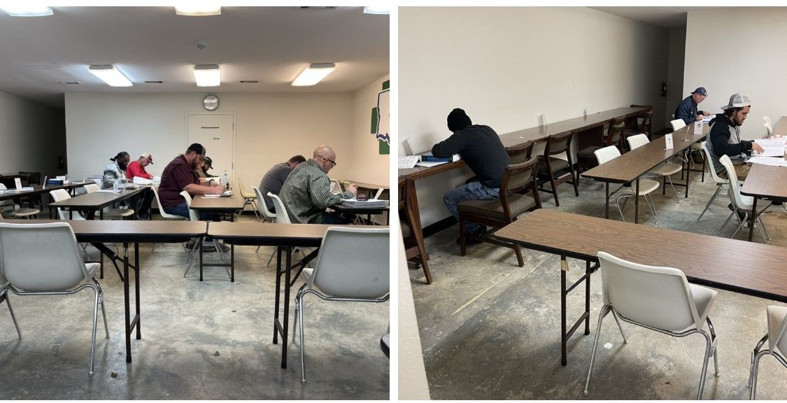 Two classroom views: People seated at tables working. Neutral walls, fluorescent lights, concrete floor.