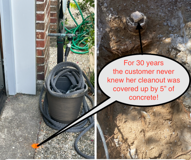 Split image: exterior drain cleanout by house and exposed cleanout in dirt with caption about 5 inches of concrete.