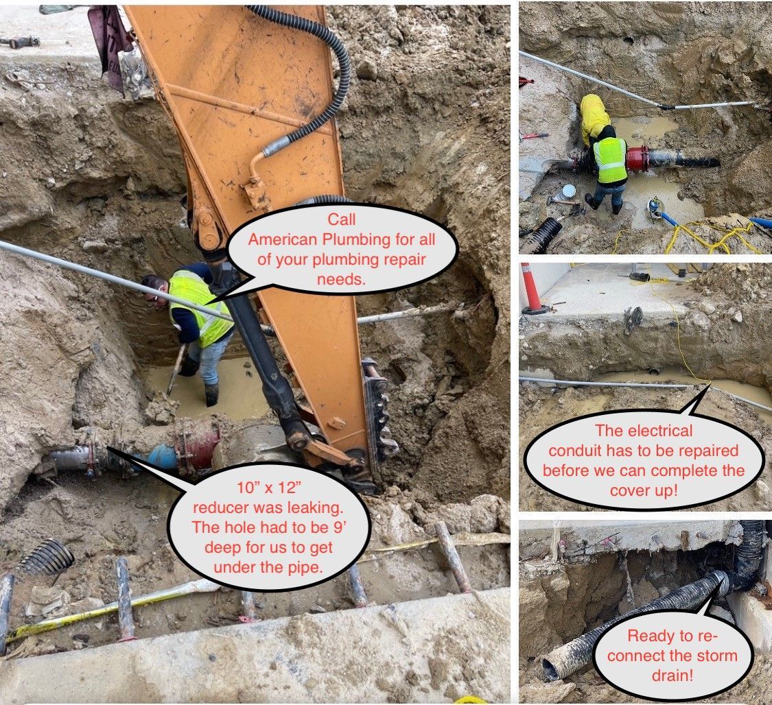 Construction site: Excavator, workers repairing pipes. Text overlays: plumbing repair, hole too deep, electrical conduit, pipe to be connected.