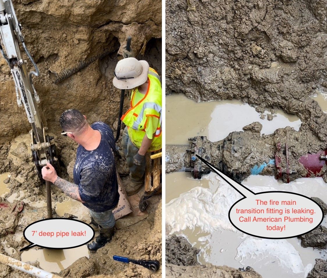 Workers in a muddy trench inspecting a broken pipe leak in an excavation site.