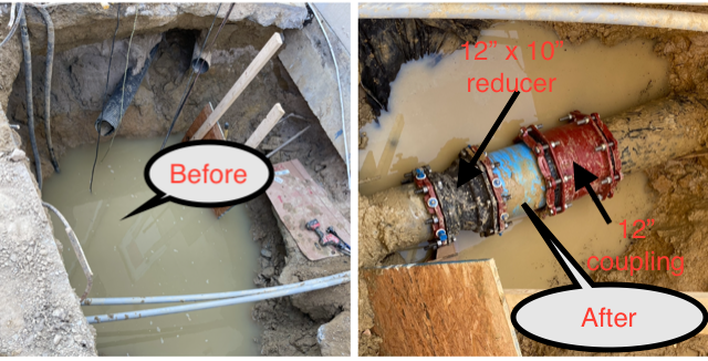 Before and after of a water pipe repair. Muddy excavation site with a new reducer installed.