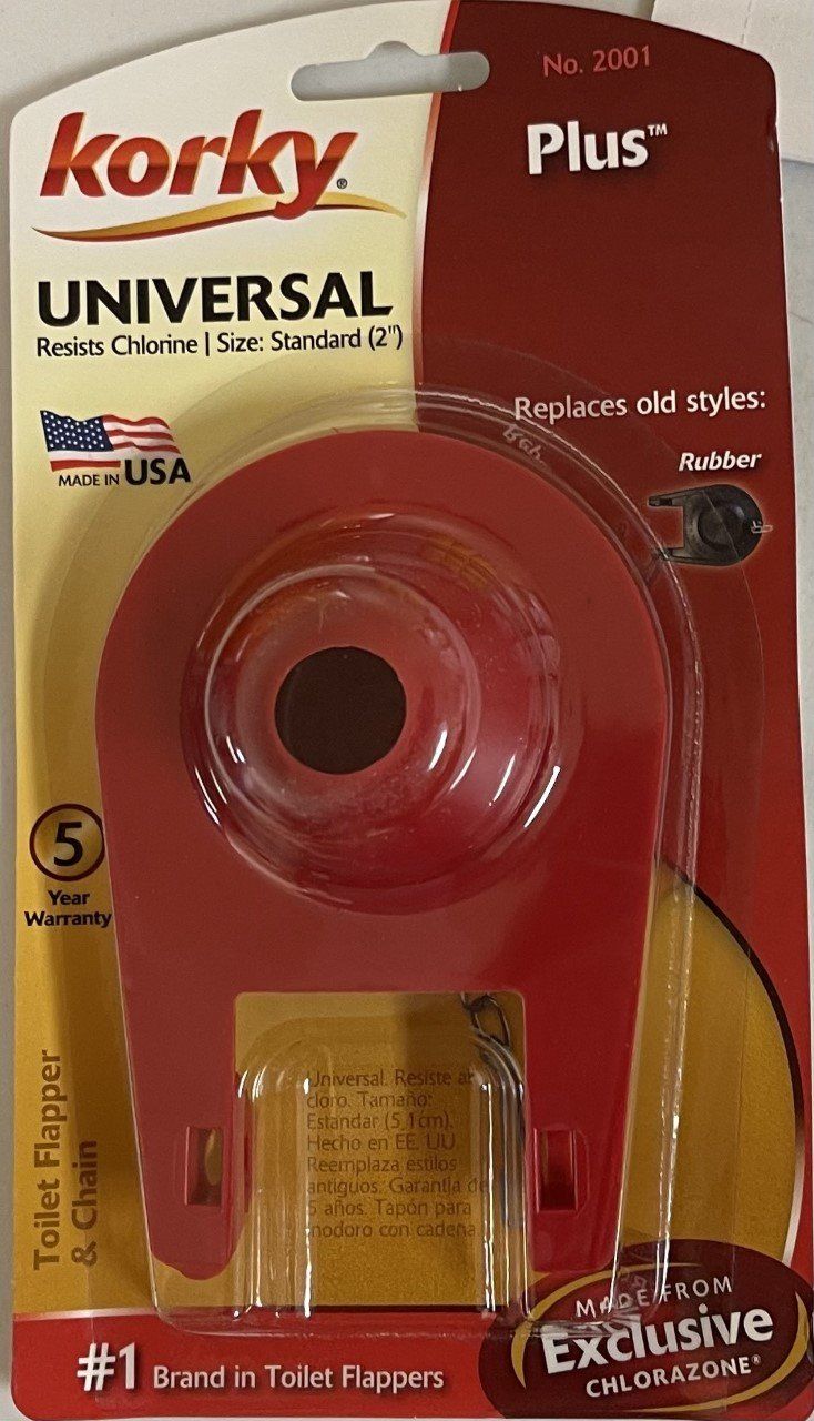 Red Korky universal toilet repair kit with flapper, chain, and instructions.