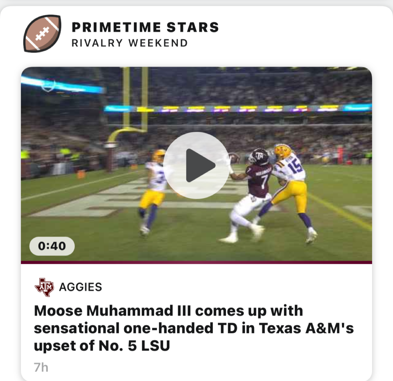 Aggies football highlight: Moose Muhammad III catches game-winning TD in Texas A&M upset of LSU