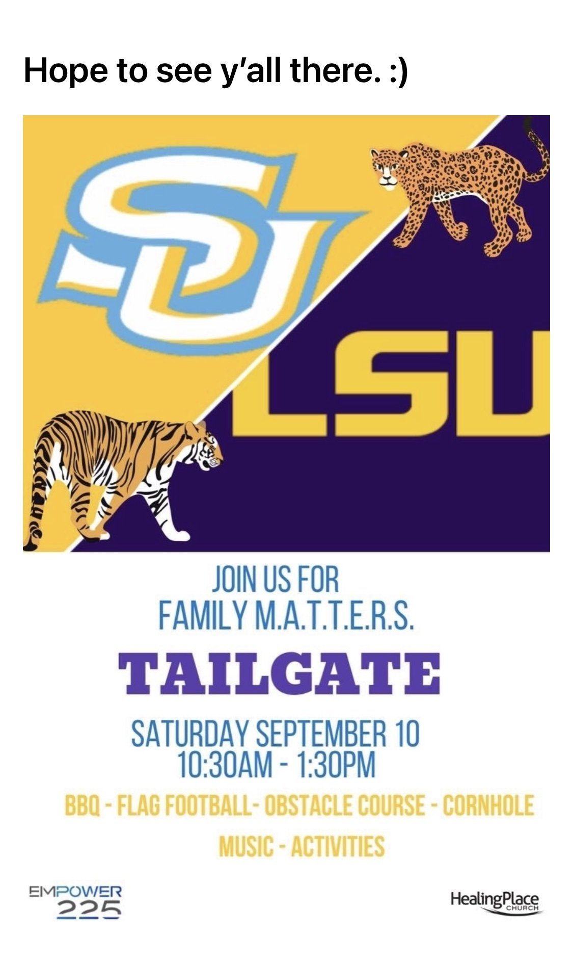 Tailgate invitation: LSU vs. Southern game on September 10 with food, games, and music.