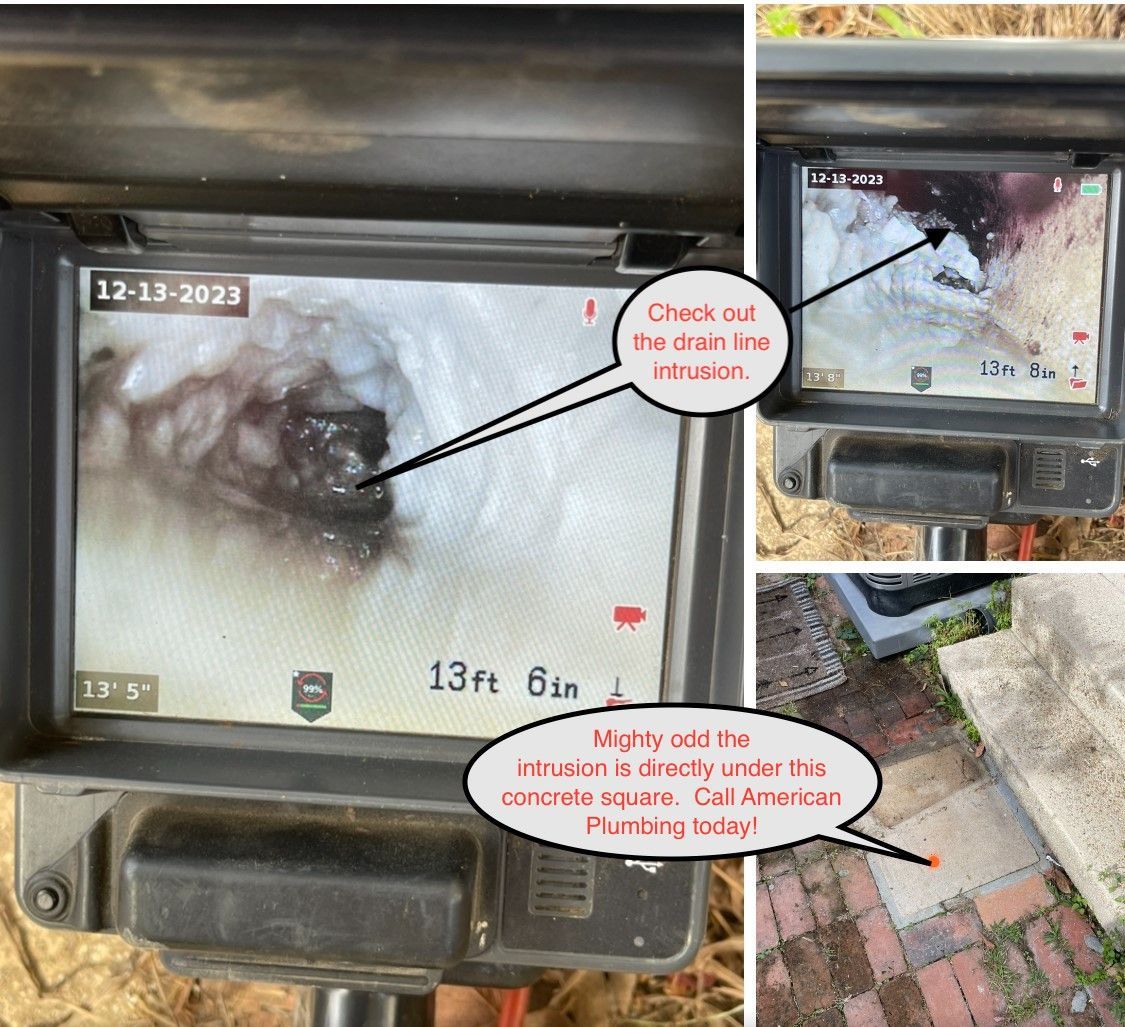 Drain line inspection, showing a clogged pipe with dark debris. Text overlaid.