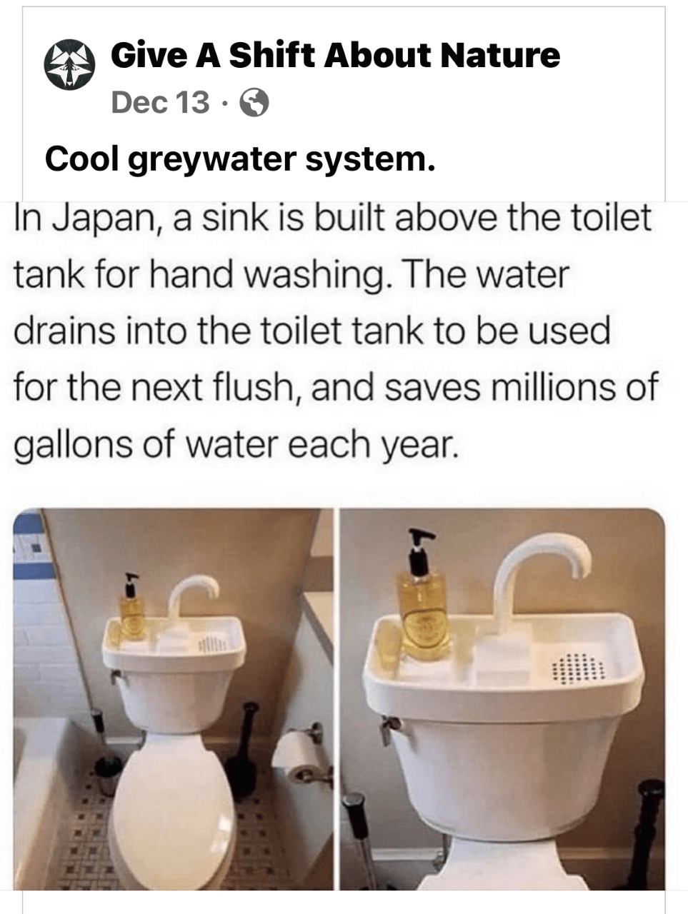 Bathroom sink mounted above toilet recycling hand-washing water; two white fixtures shown side by side.