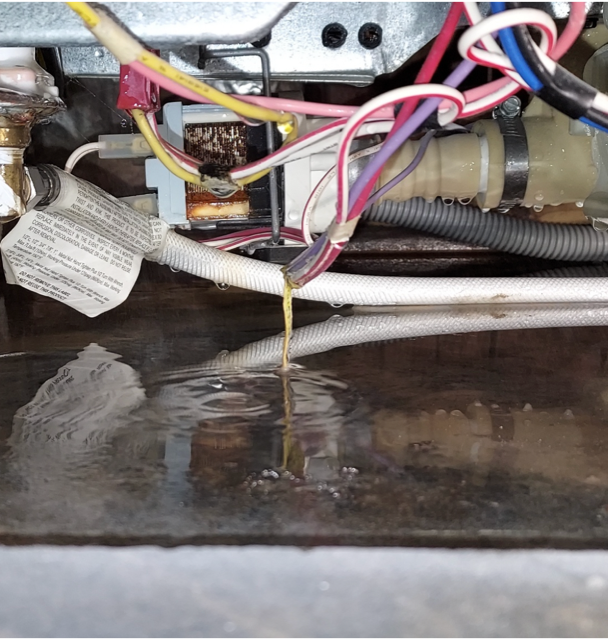 Dishwasher interior with water leak, wiring, and components.