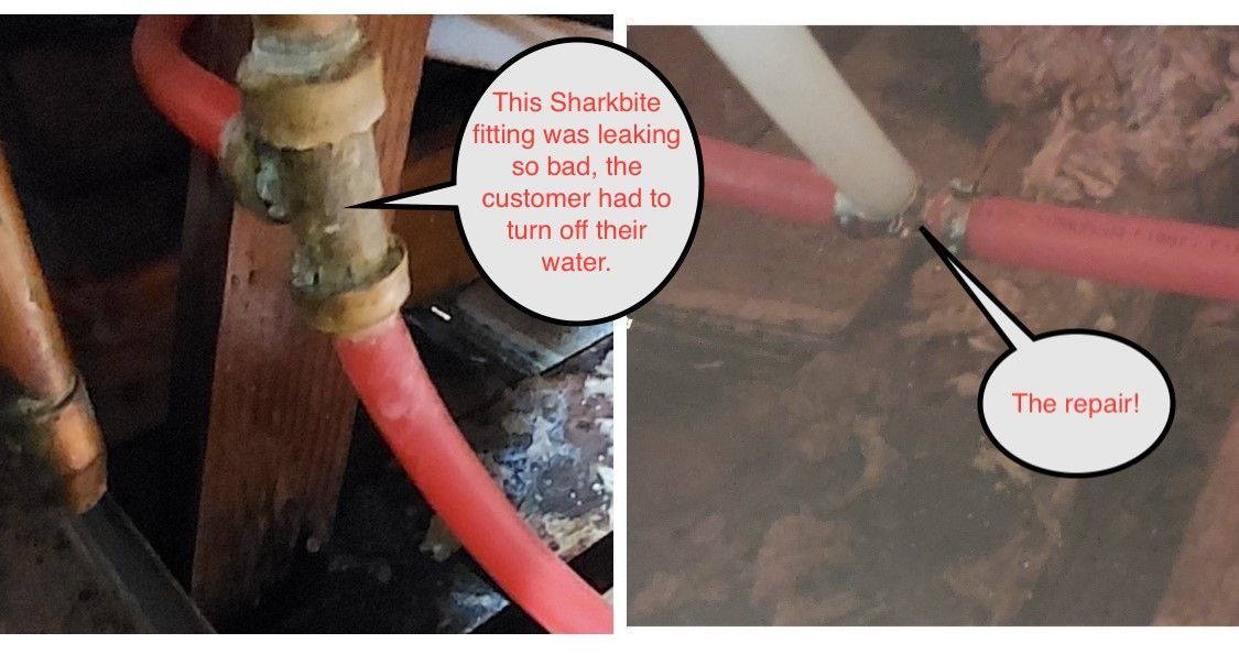 Two plumbing leaks: left shows a leaking fitting, right reveals the repaired area in a crawl space.