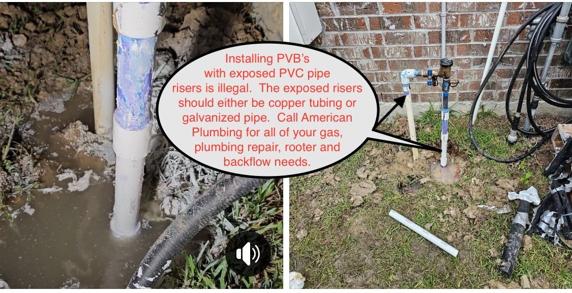 Two photos: PVC pipes in ground, one with text about replacing with copper/galvanized.