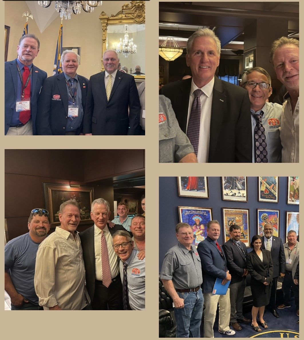 Four event photos of smiling men in suits and casual attire posing indoors at a social gathering.
