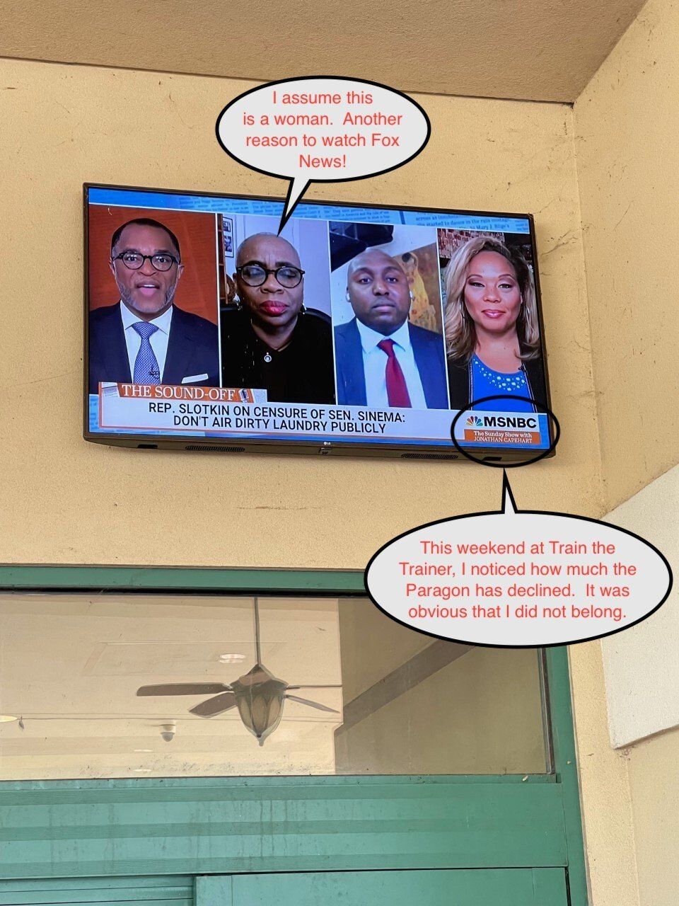 TV displaying Fox News anchors. Text overlay reads,