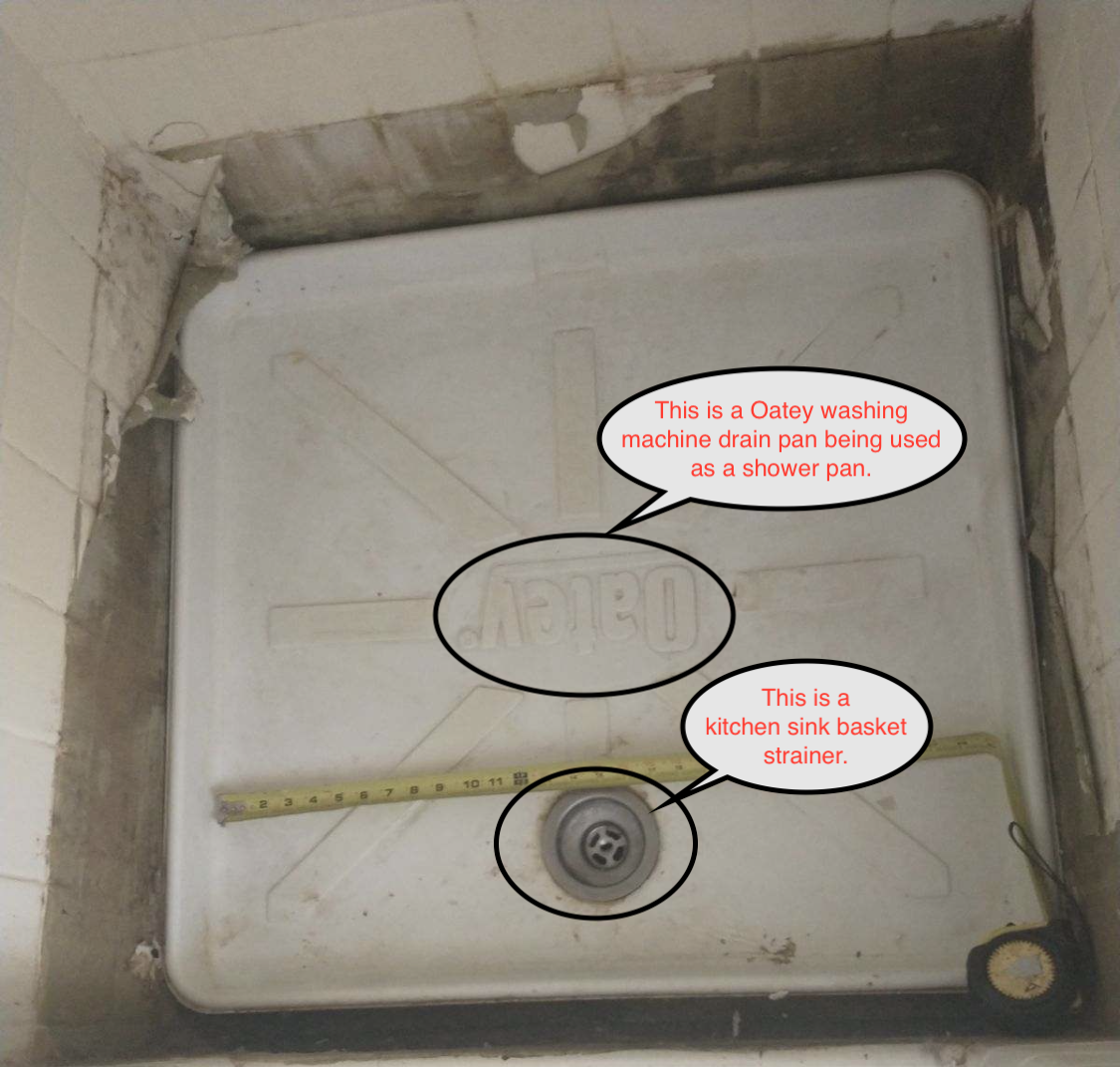 White bathroom sink basin with a drain, measuring tape, and handwritten annotations around it.