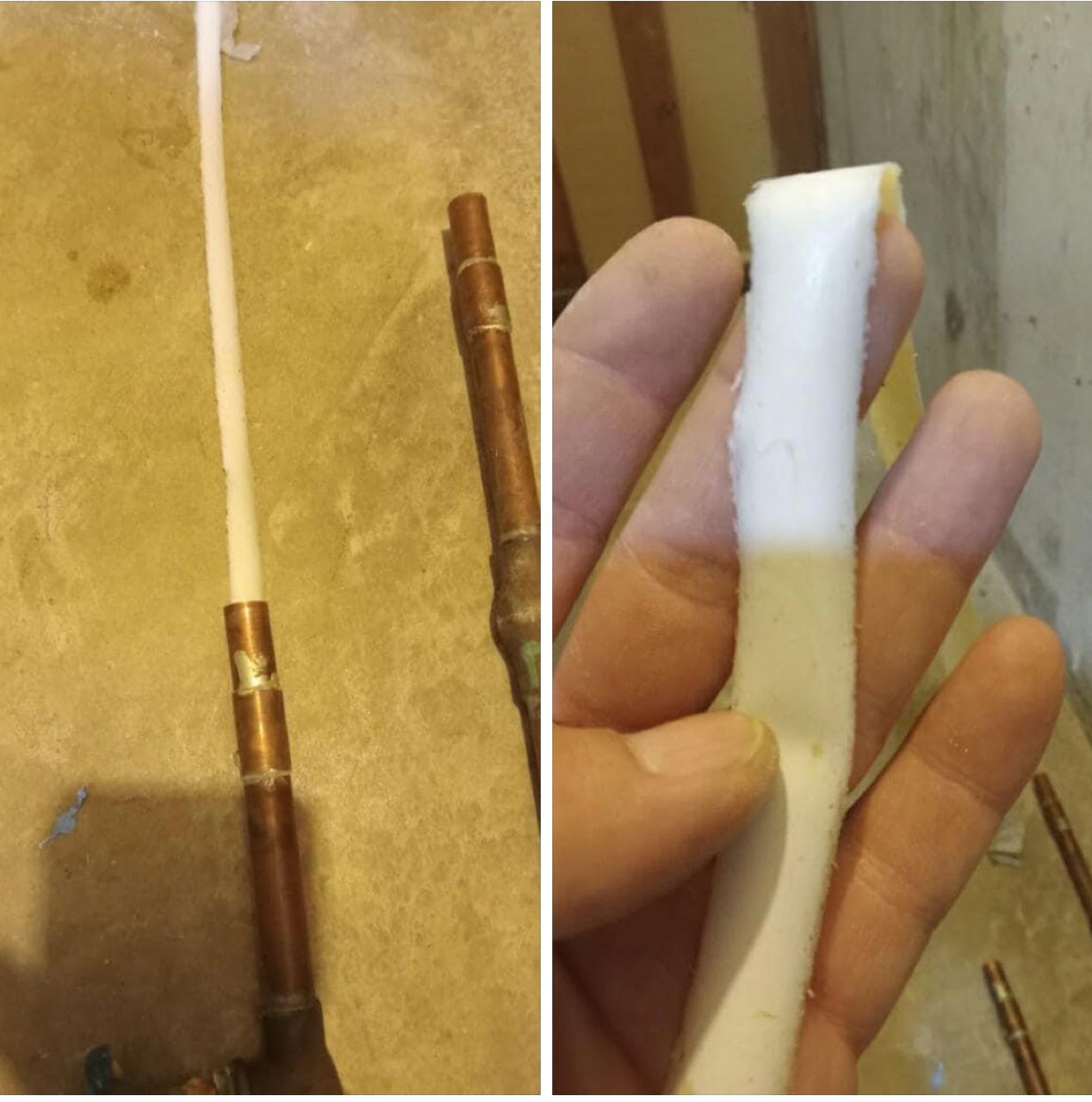 Broken white tube attached to a copper pipe, shown close up in two side-by-side views.