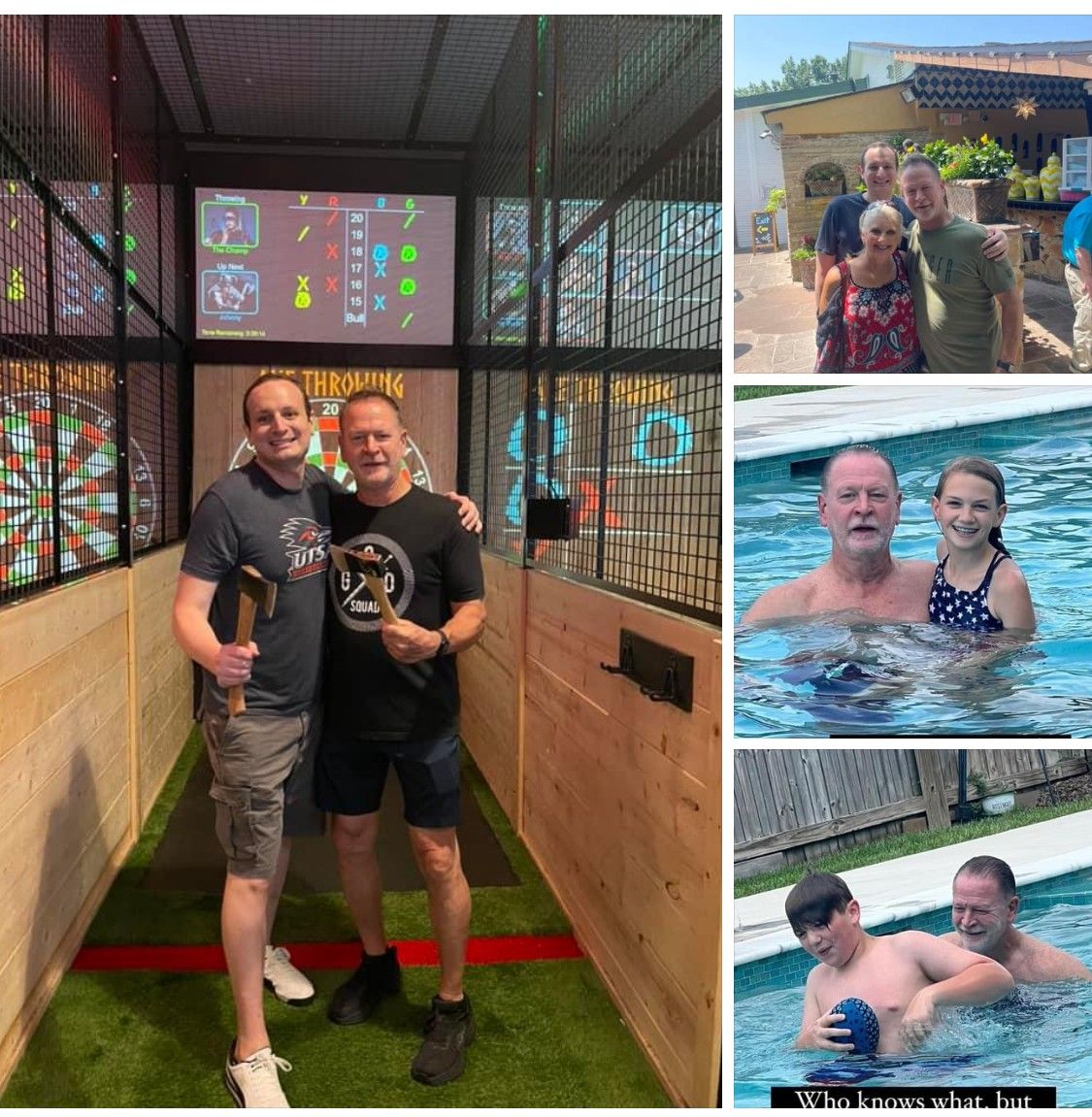 People posing in a colorful indoor game room beside a collage of vacation photos