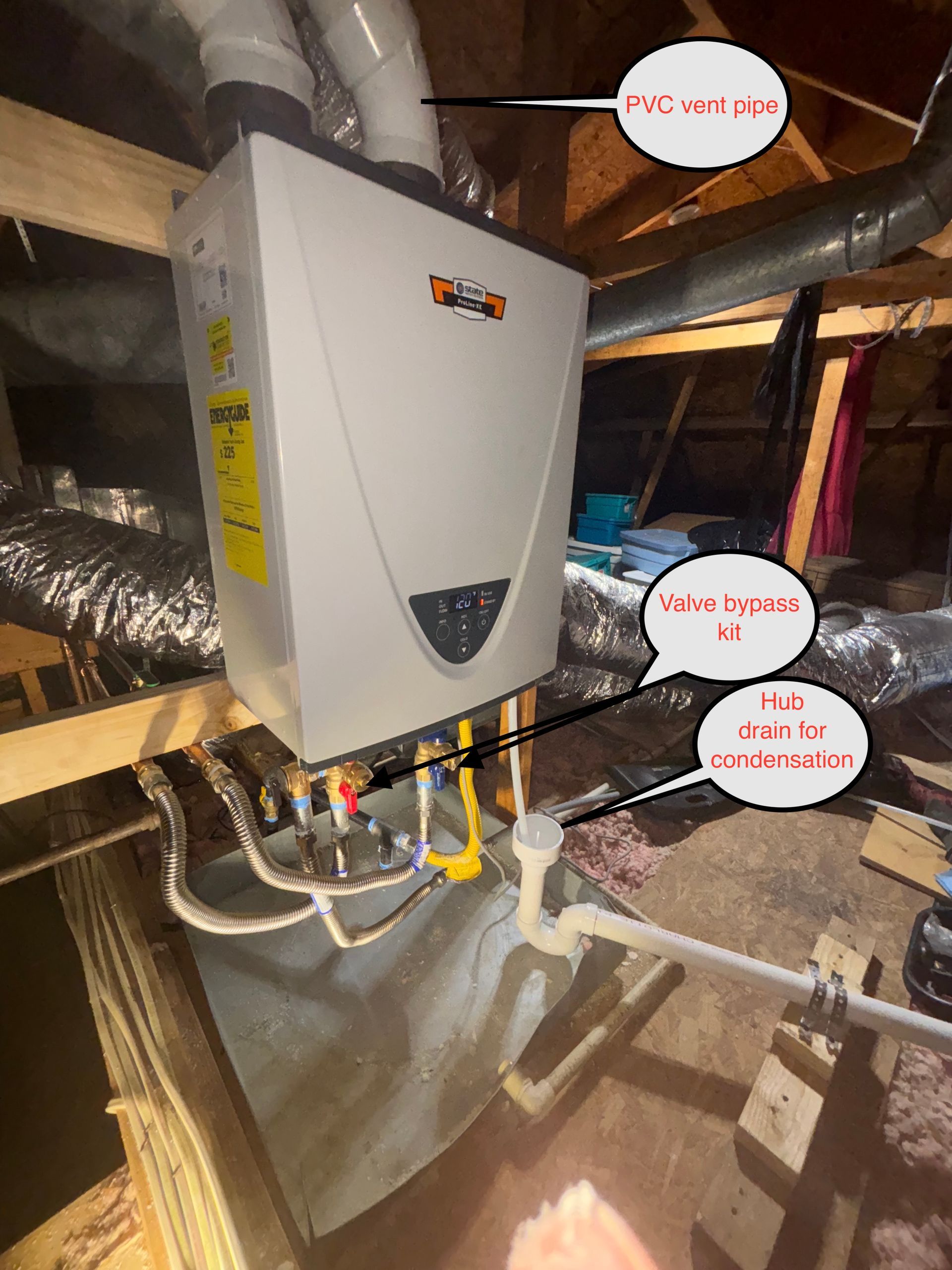 Furnace in a utility room with a callout pointing to the “hot surface” warning label.