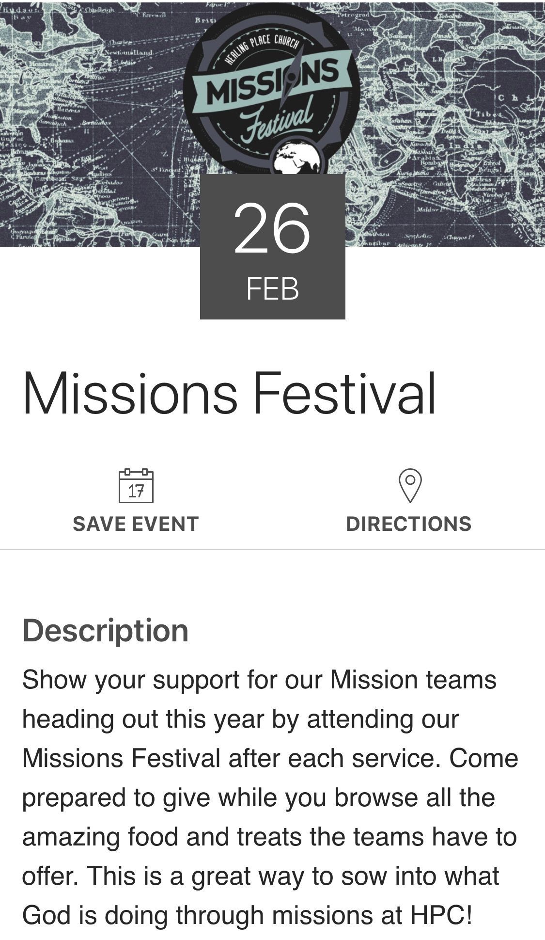 Missions Festival event announcement: February 26th, with text description and options to save or get directions.