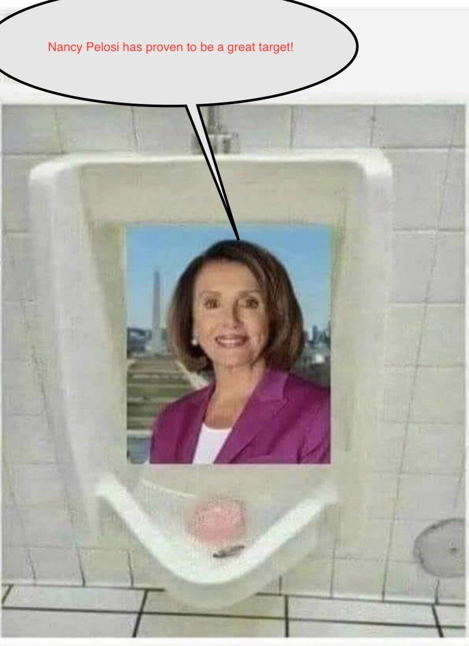 Urinal with a woman’s portrait placed inside, with red text above and a drain below.