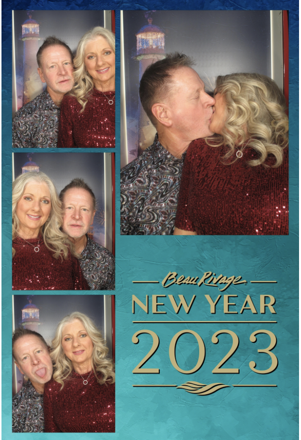 New Year 2023 collage of a couple kissing and smiling in sparkly holiday photos