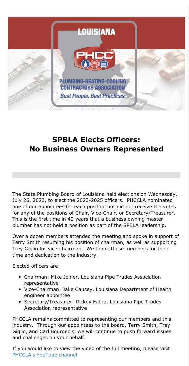 Louisiana PPC logo above headline, “SPBLA Elects Officers, No Business Owners Represented,” on a text-heavy article.