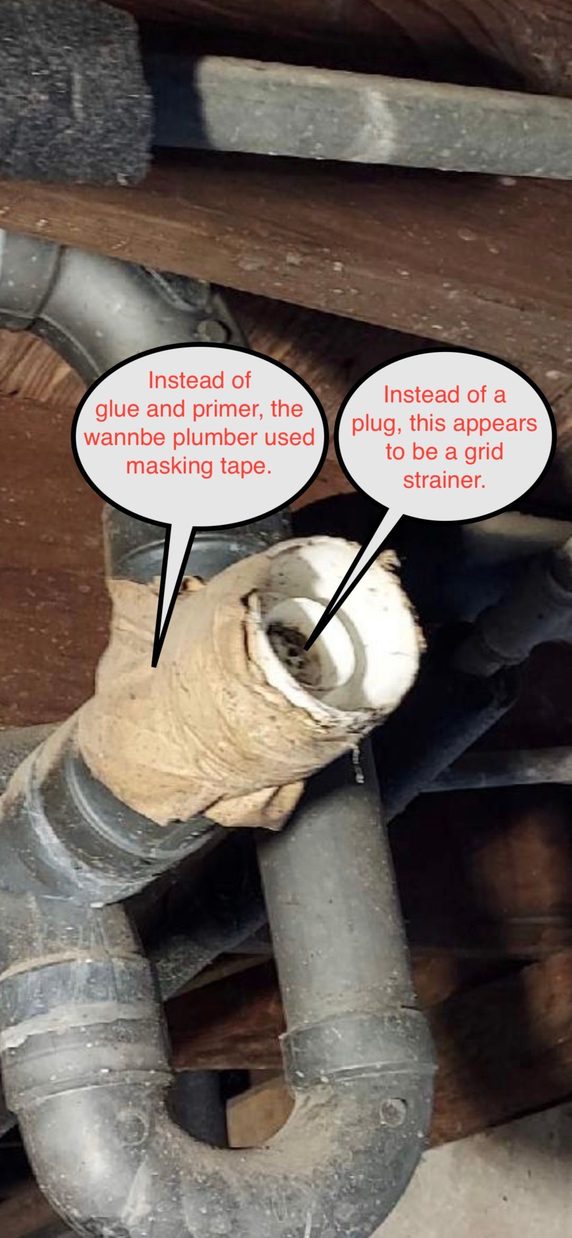 Plumbing pipes with an opening; text bubbles explain issues, with text.