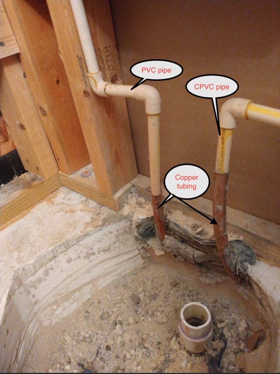 Plumbing with PVC and copper pipes in a cement-filled floor.