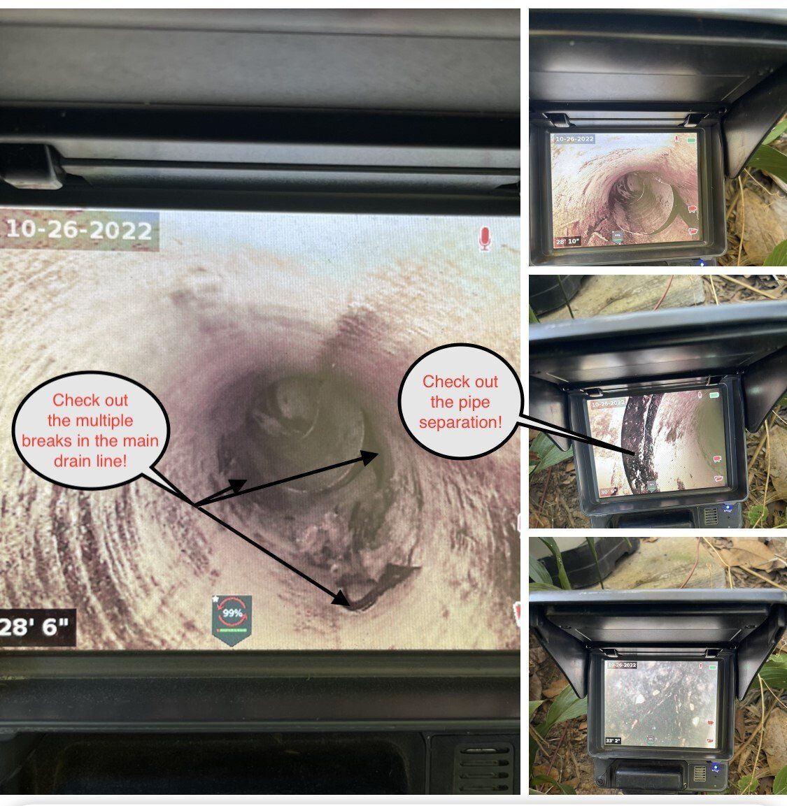 Collage of inspection monitor screens showing a dirty pipe interior with arrows and red annotations.