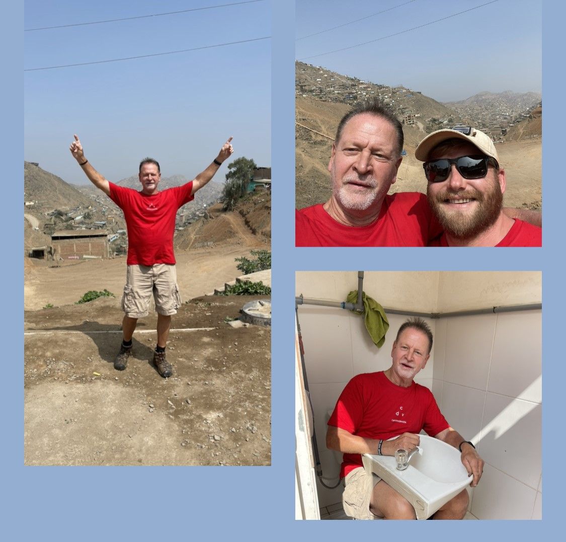 Man in red shirt with arms up, and two other photos. Mountains in background.