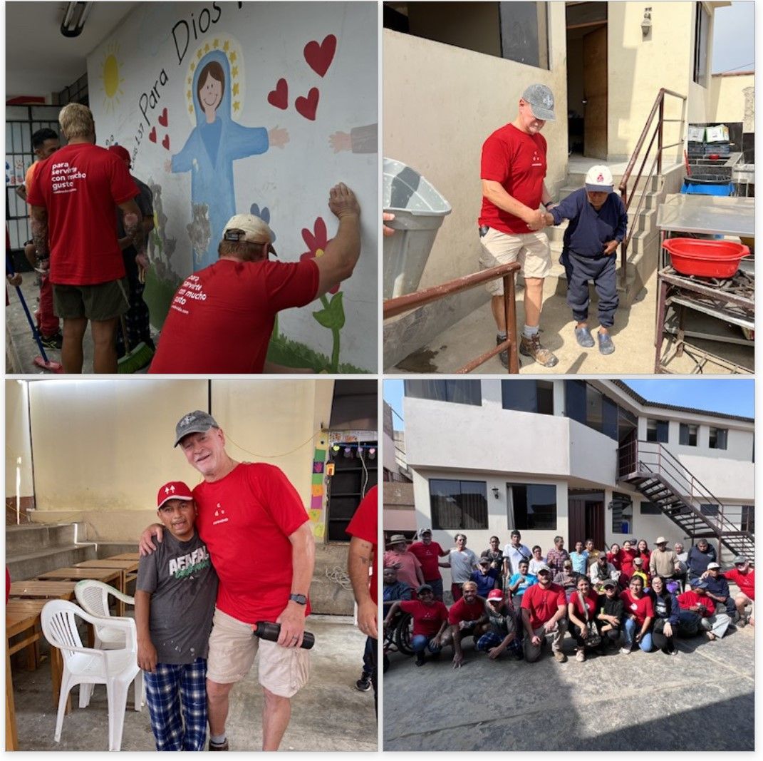 Volunteers in red shirts paint a mural, help an elderly man, and pose with children outside a building.