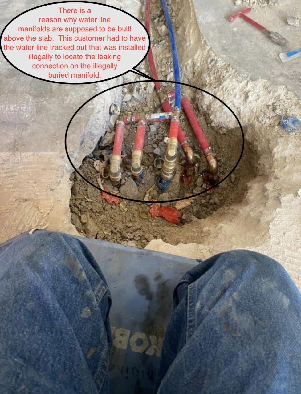 Open electrical junction box in dirt floor with exposed red and black wires, circled and labeled for repair