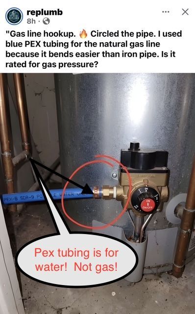 Water heater with blue PEX pipe circled and labeled as not for gas lines.