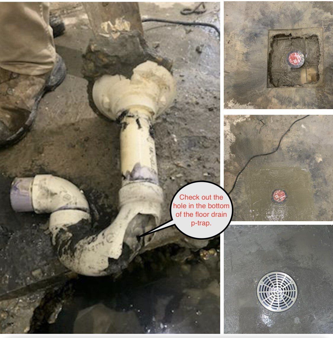 Plumber repairing broken white drain pipe in a concrete floor, with close-ups of drain openings and grate.