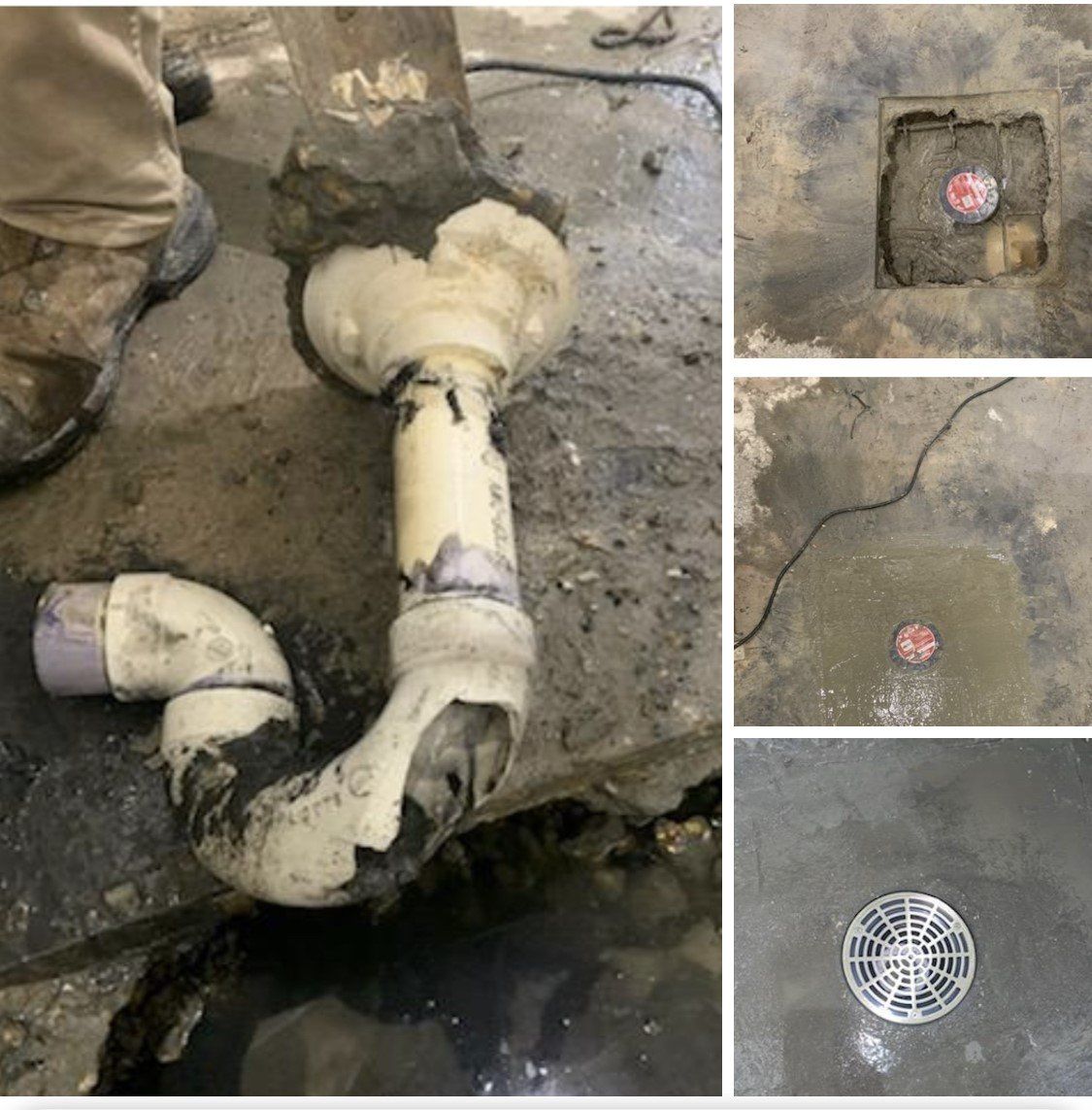 Plumbing work: A white PVC pipe system is being installed in a concrete floor.