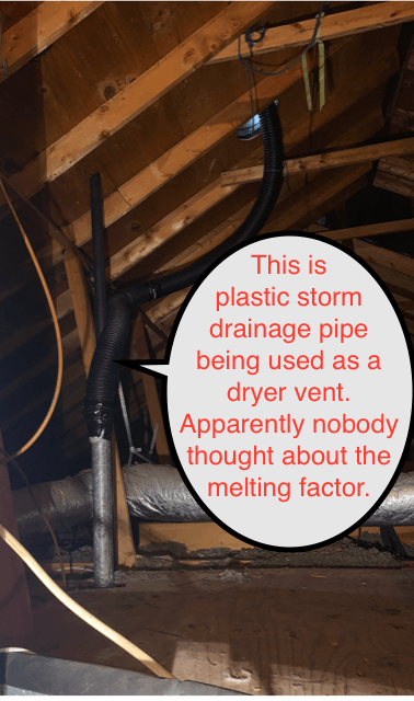 Plastic storm drainpipe used as a dryer vent in an attic, with warning text overlay.