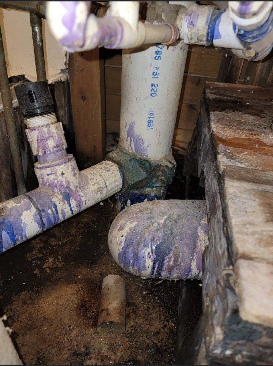 Plumbing pipes, primarily white and purple, with a dark, possibly wet, floor in a crawl space.