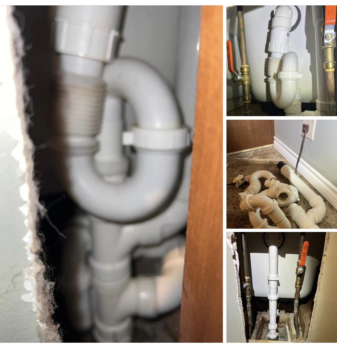 Collage of white PVC sink drain pipes under a cabinet, showing plumbing connections and leak damage below.