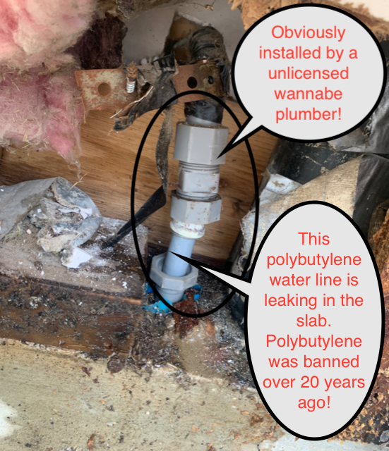 A close-up of a leaking, outdated polybutylene water pipe, labeled with commentary about unlicensed installation and the pipe's ban.