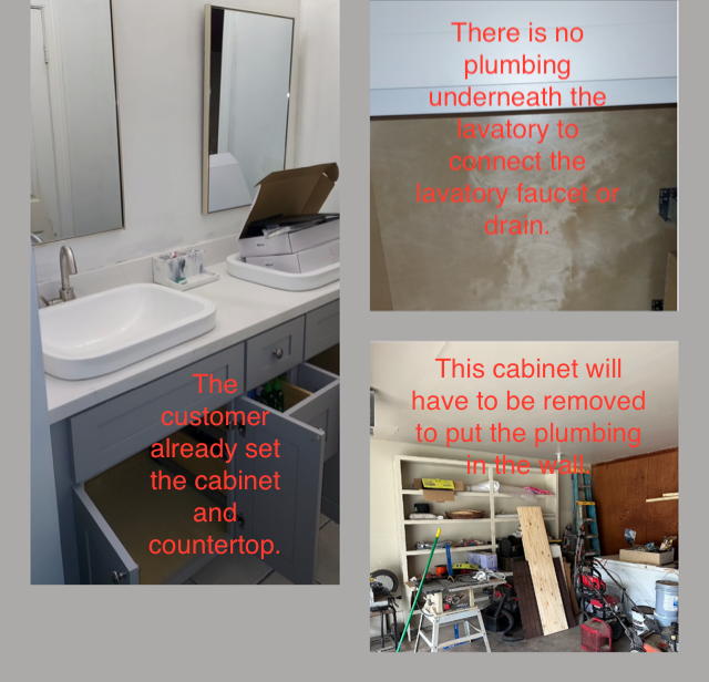 Bathroom renovation: cabinet set with no plumbing; cabinet removal needed for plumbing.