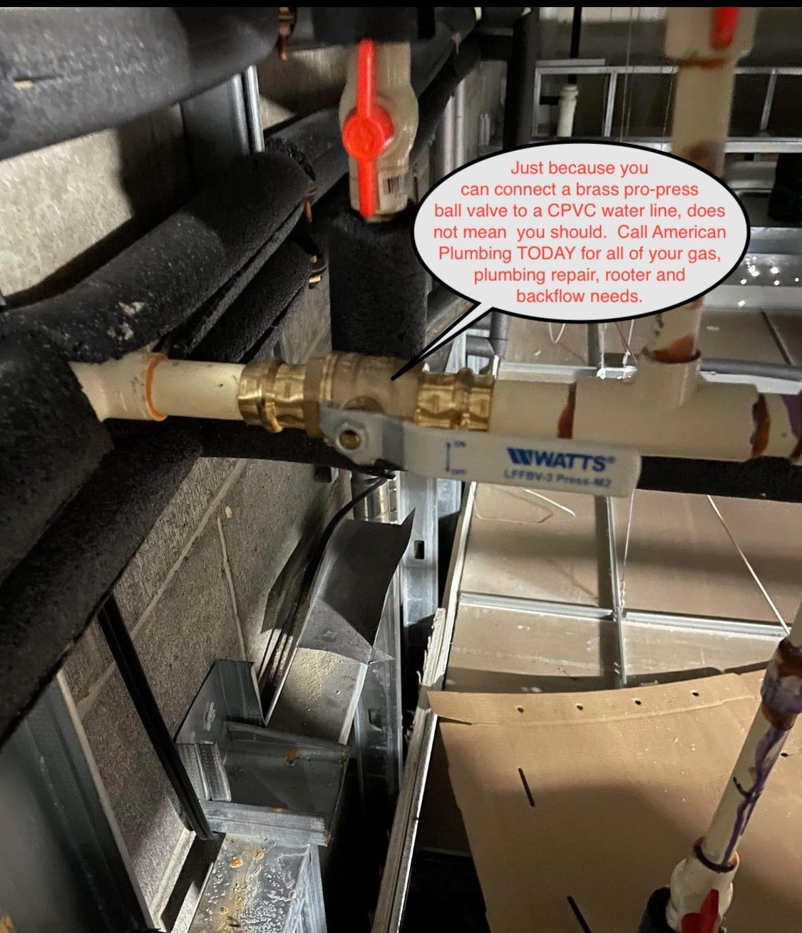 A pipe with a brass ball valve, text overlay indicating a problem with the water flow in a HVAC system.