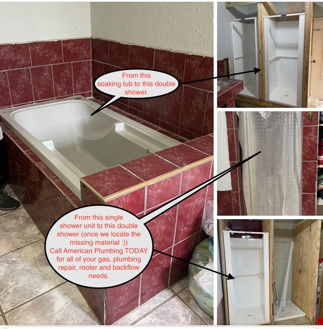 Accessible bathtub and shower conversion in a tiled bathroom, with inset photos of the tub door mechanism.