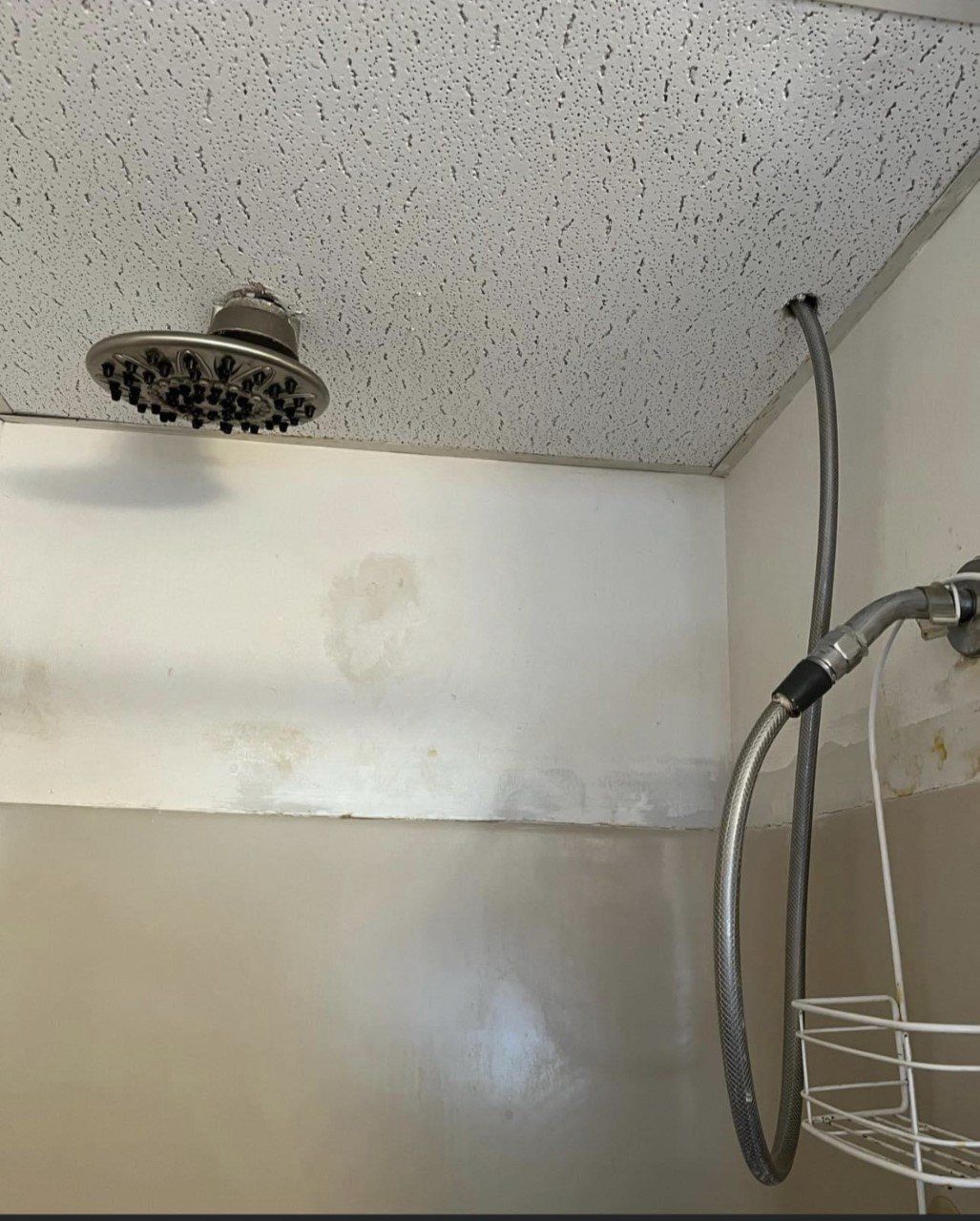 Bathroom shower with handheld sprayer, showerhead, and wire shower caddy in a tiled corner.