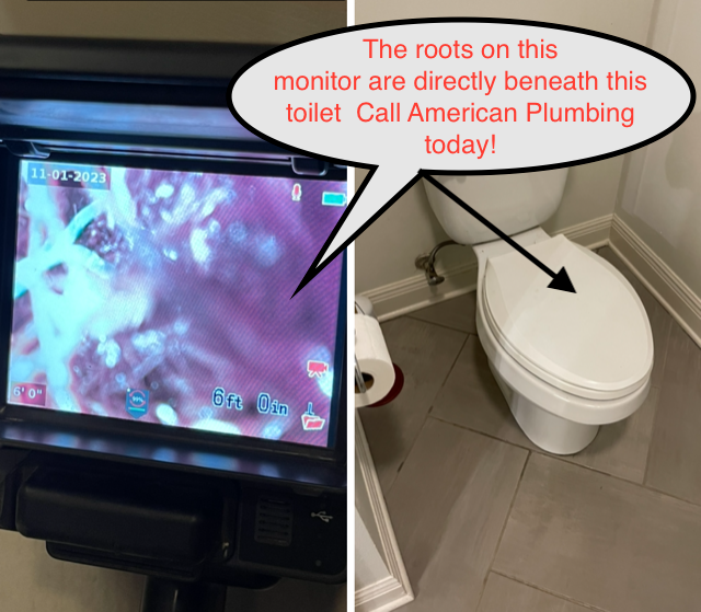 Inspection monitor showing roots beneath a toilet, with text overlay advertising American Plumbing.